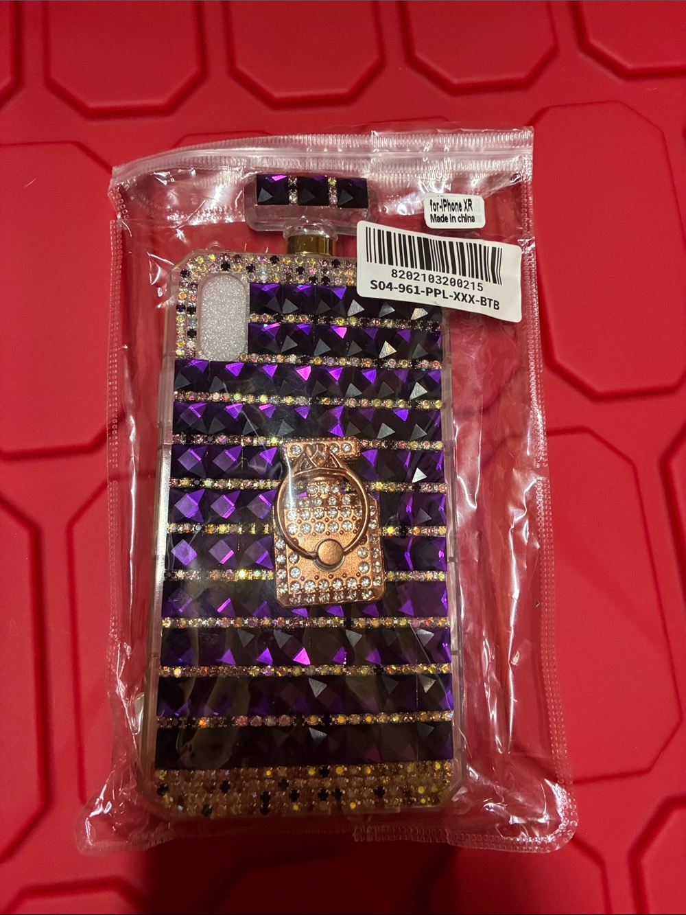 iPhone XR Purple Crystal Phone Case with Gold Ring Holder